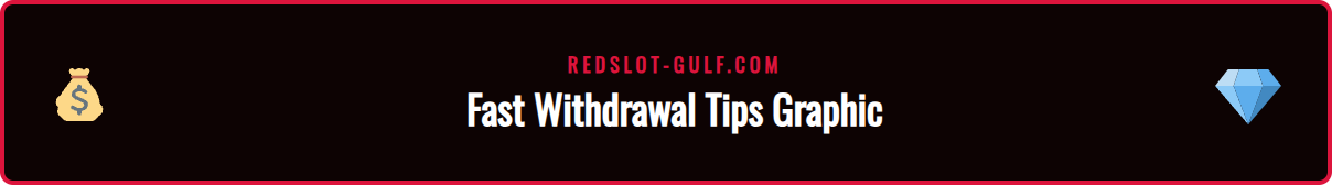 An infographic with icons representing tips for a fast Redslot withdrawal, such as a verified checkmark for KYC and a crypto coin for payment method.